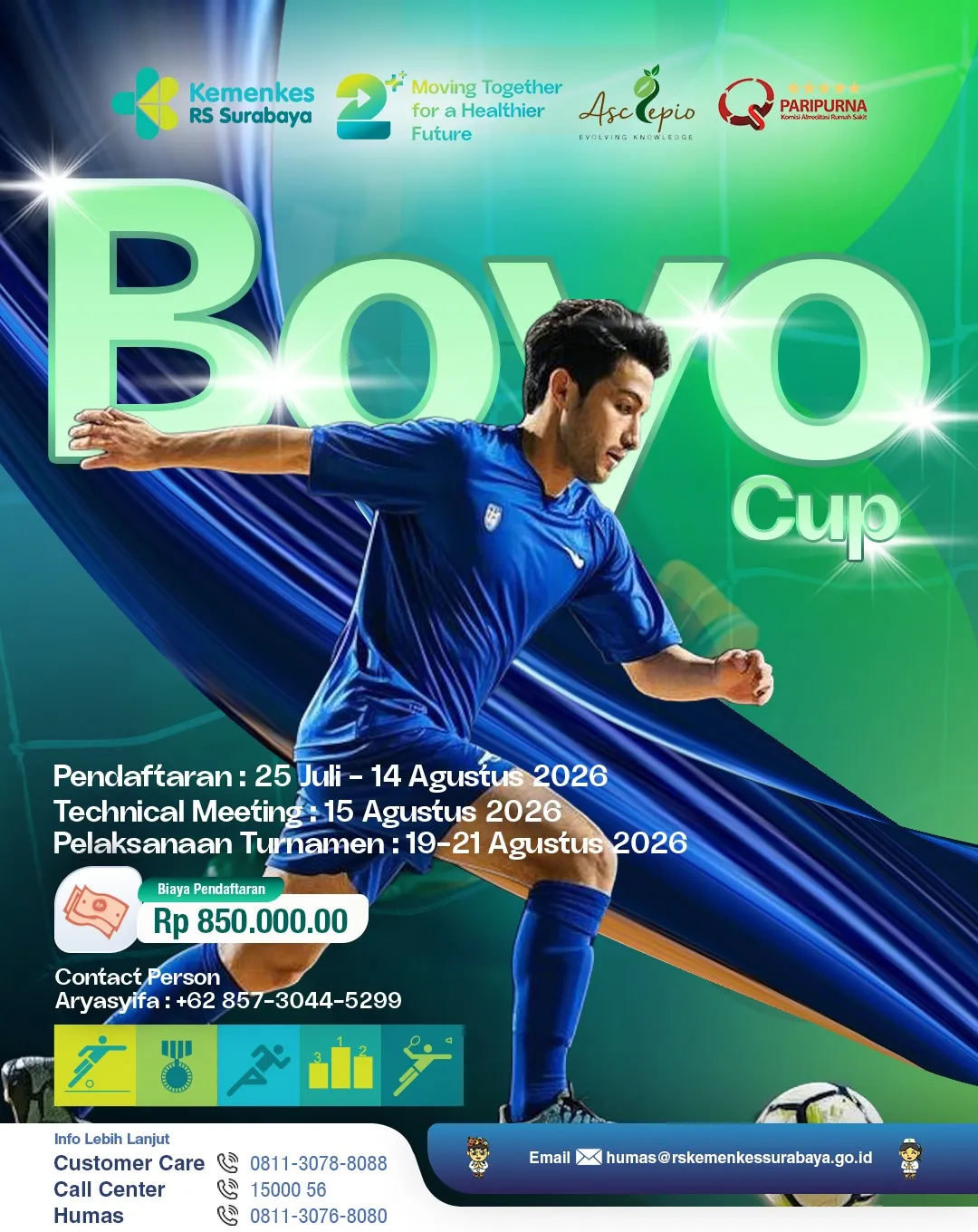 Pemain sepak bola menggiring bola dengan latar gawang dan efek cahaya hijau-biru pada poster resmi BOYO Cup